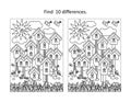 Birds village in spring find the differences picture puzzle and coloring page